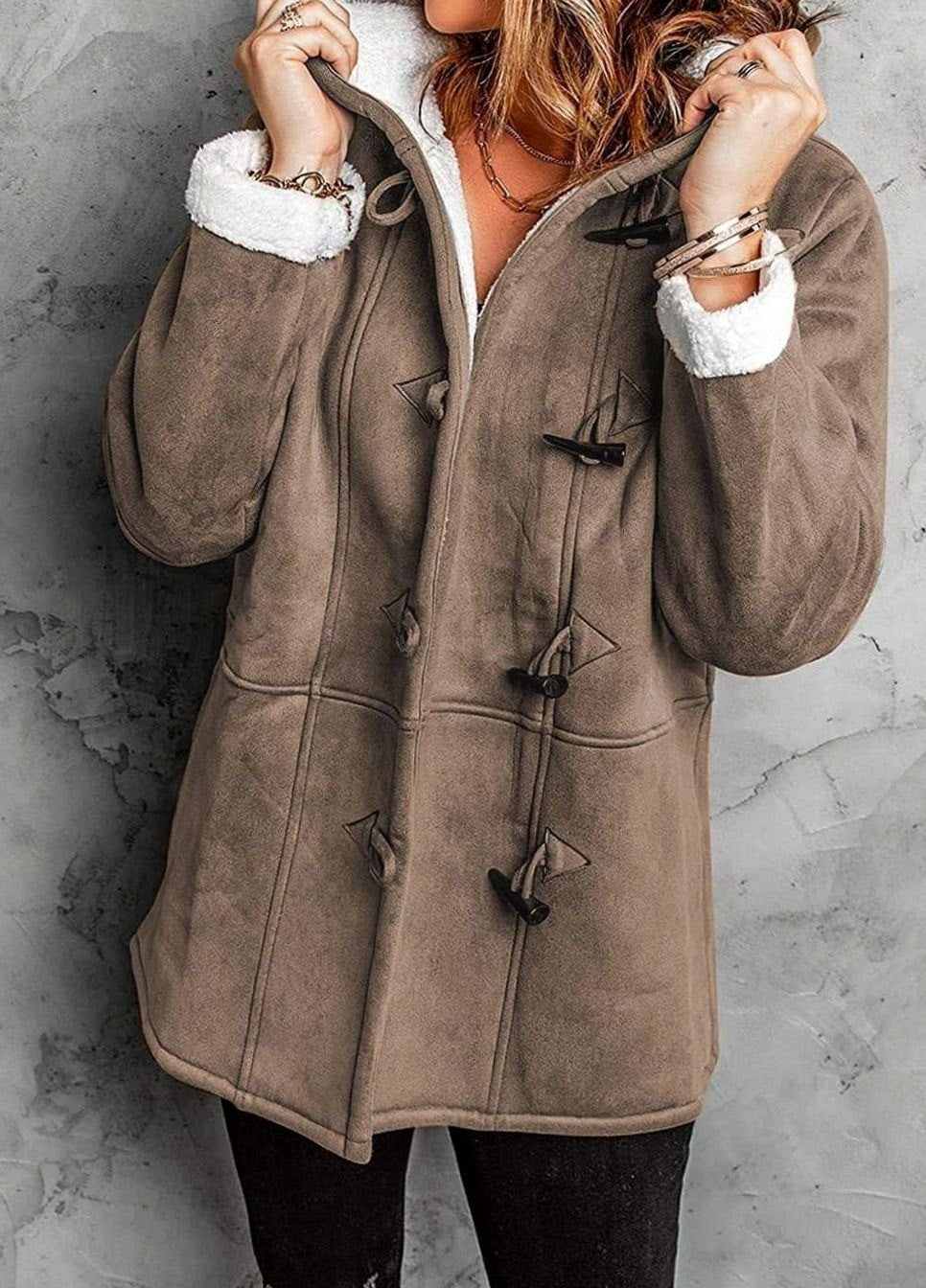 Women's Sherpa-Lined Hooded Duffle Coat Toggle Buttons - Brown