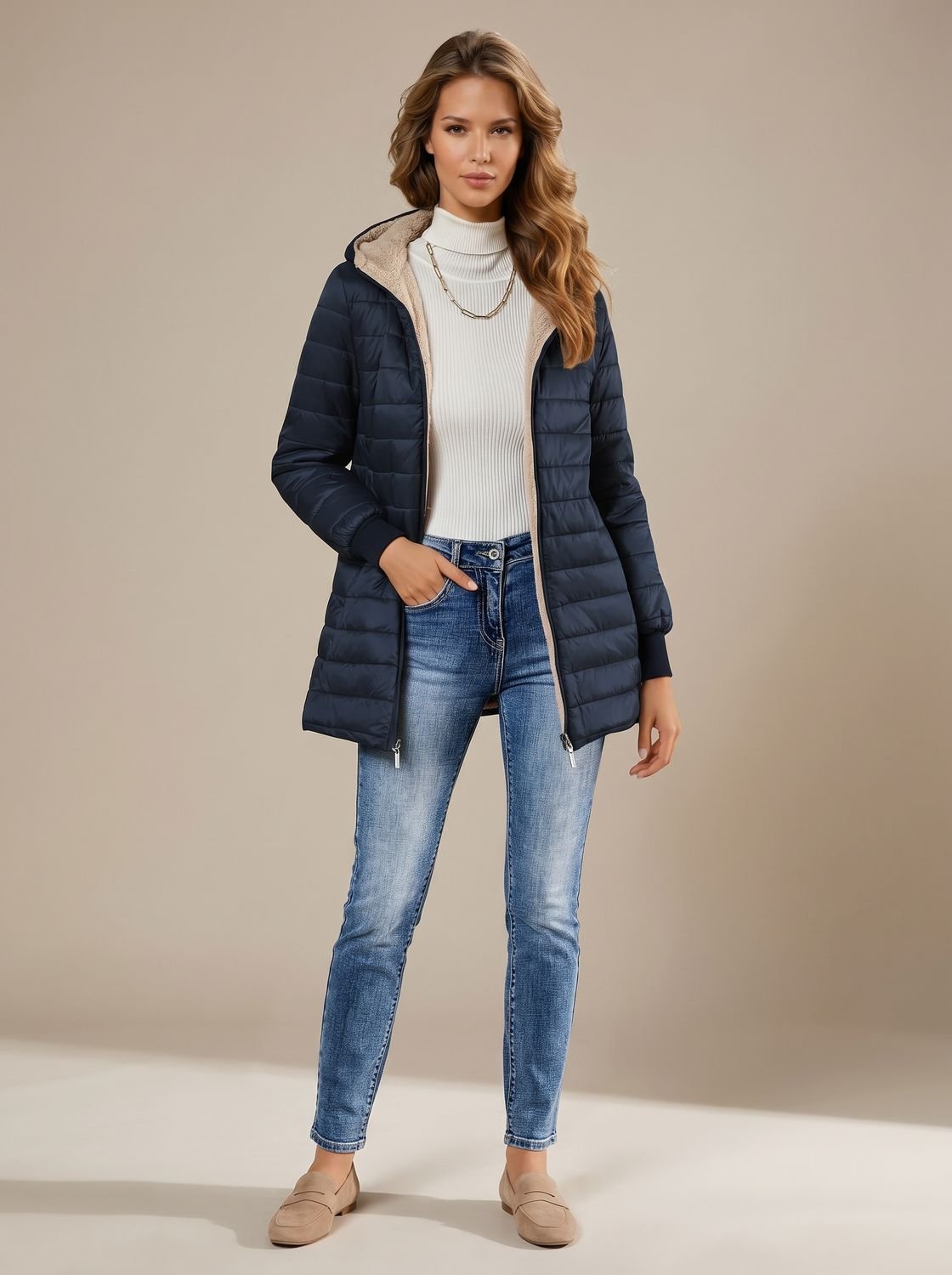 Women's Sherpa-Lined Hooded Quilted Winter Coat - Navy Blue
