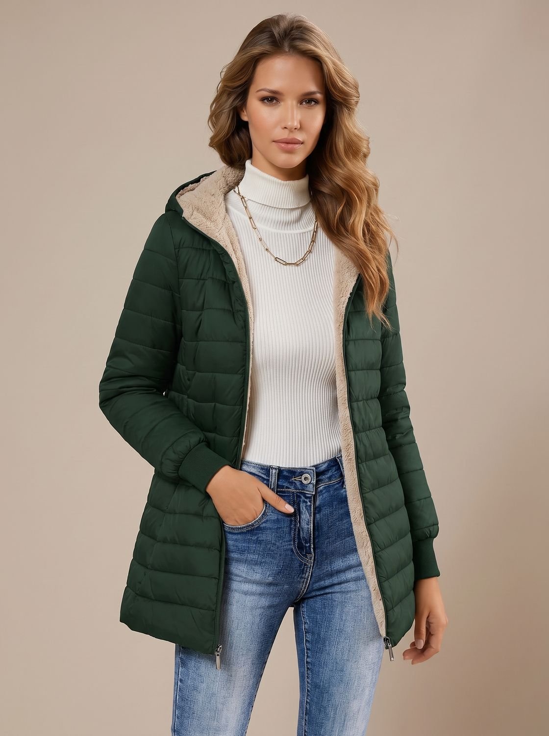 Women's Sherpa-Lined Hooded Quilted Winter Coat - Green