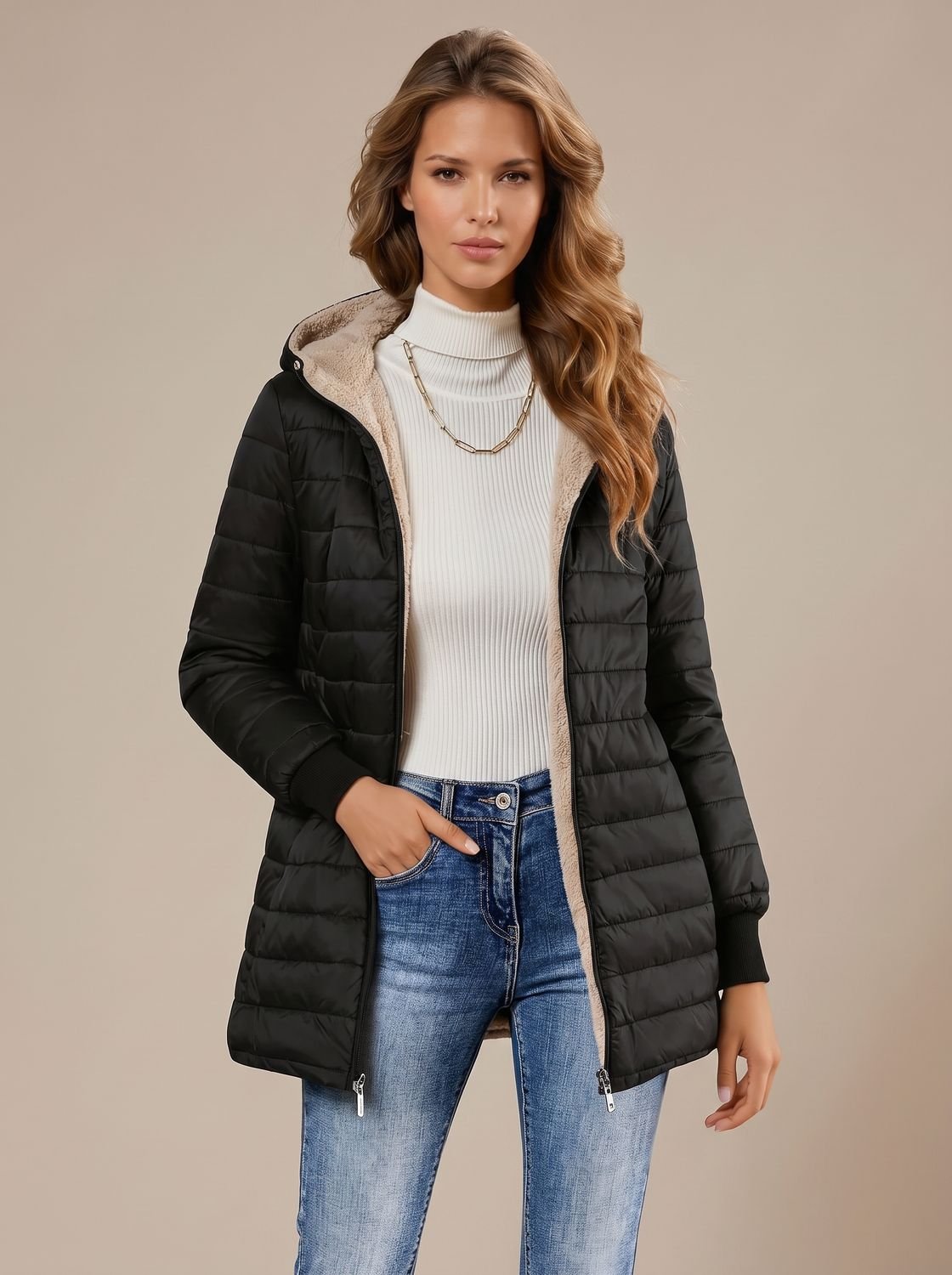 Women's Sherpa-Lined Hooded Quilted Winter Coat - Black