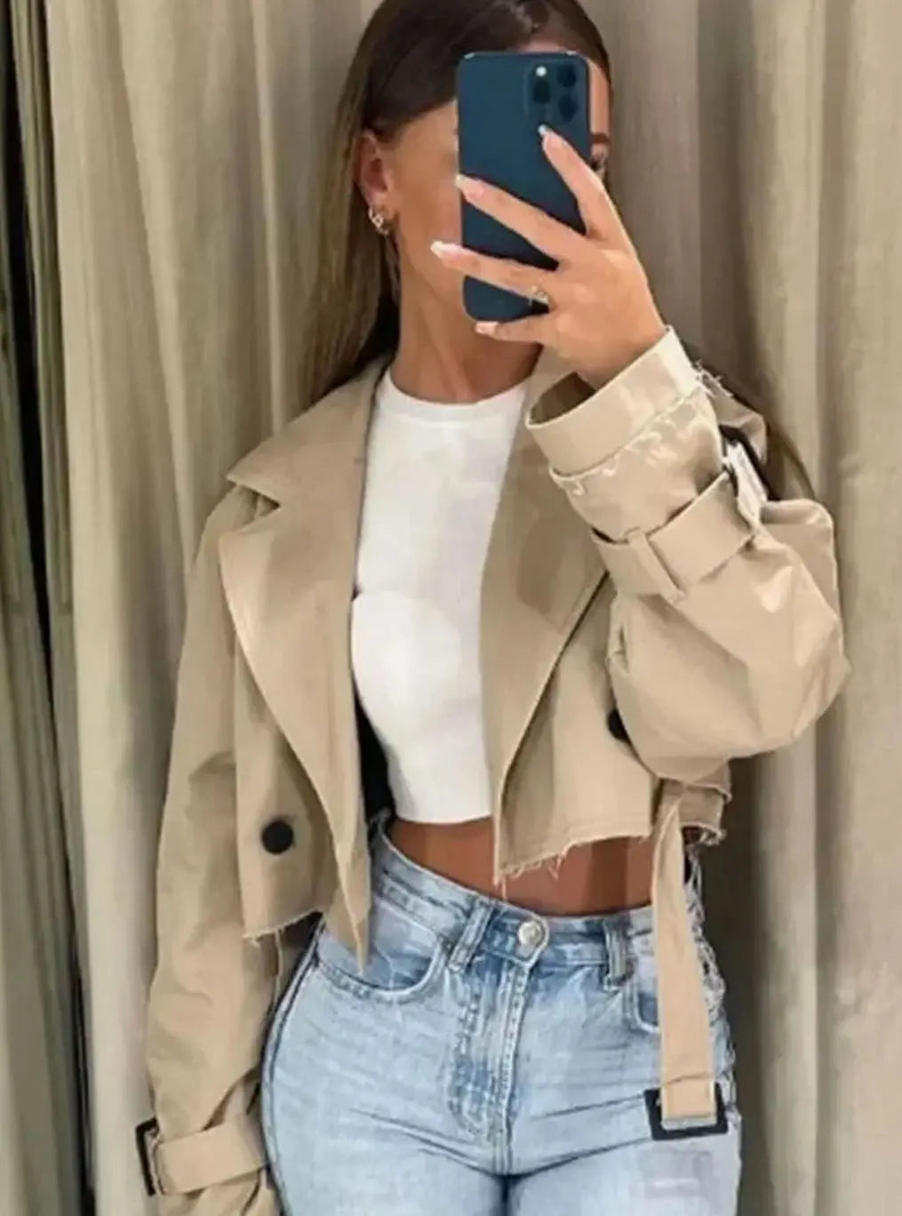 Women's Short Beige Trench Coat Long-Sleeve Cropped Jacket - Light Brown