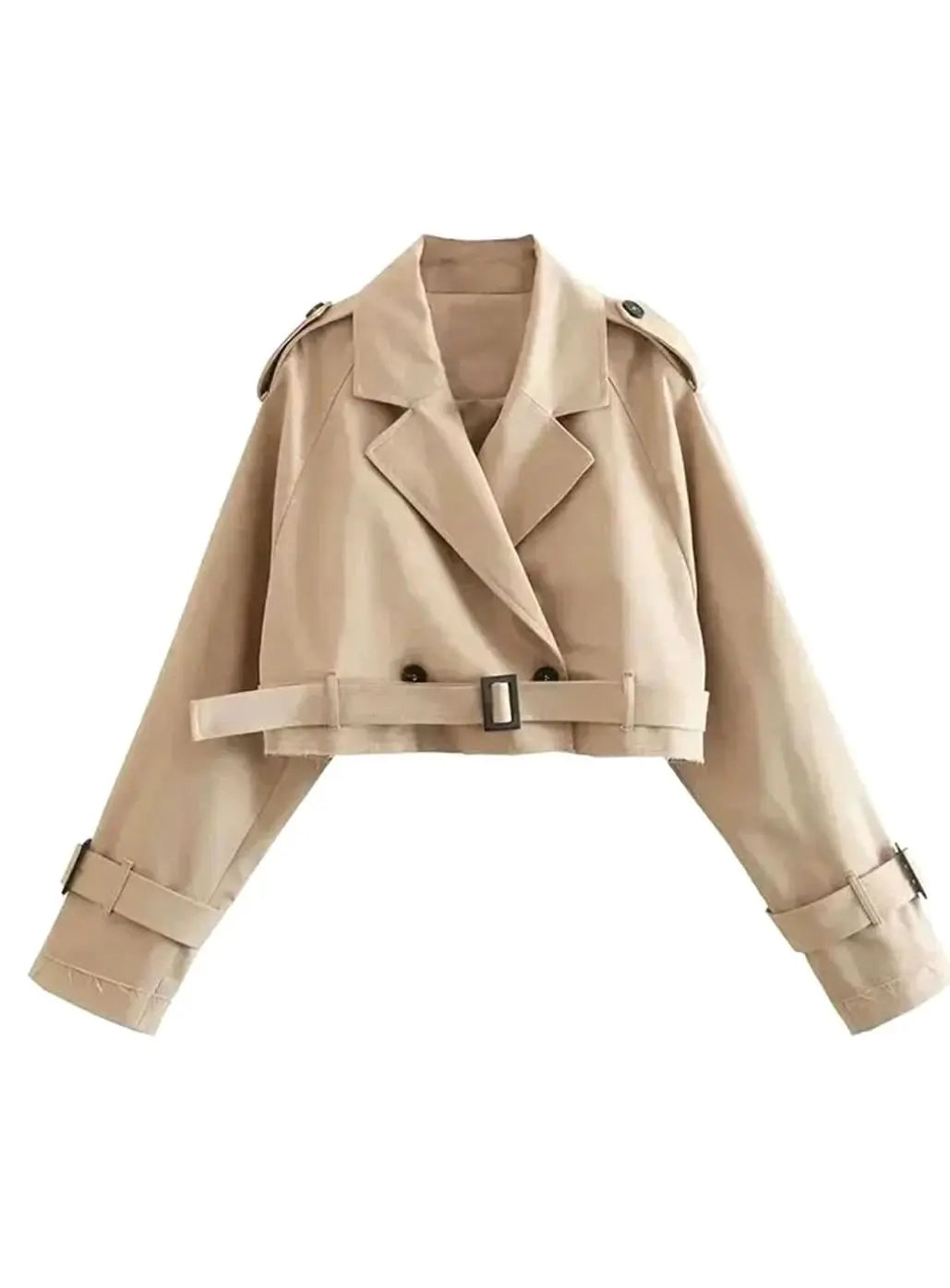 Women's Short Beige Trench Coat Long-Sleeve Cropped Jacket
