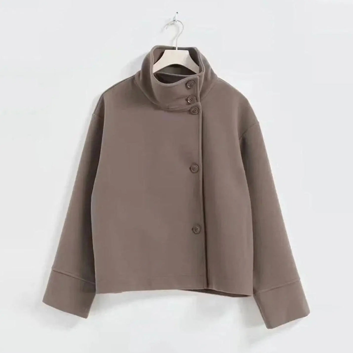 Women's Short Button-Up High-Collar Coat - Coffee