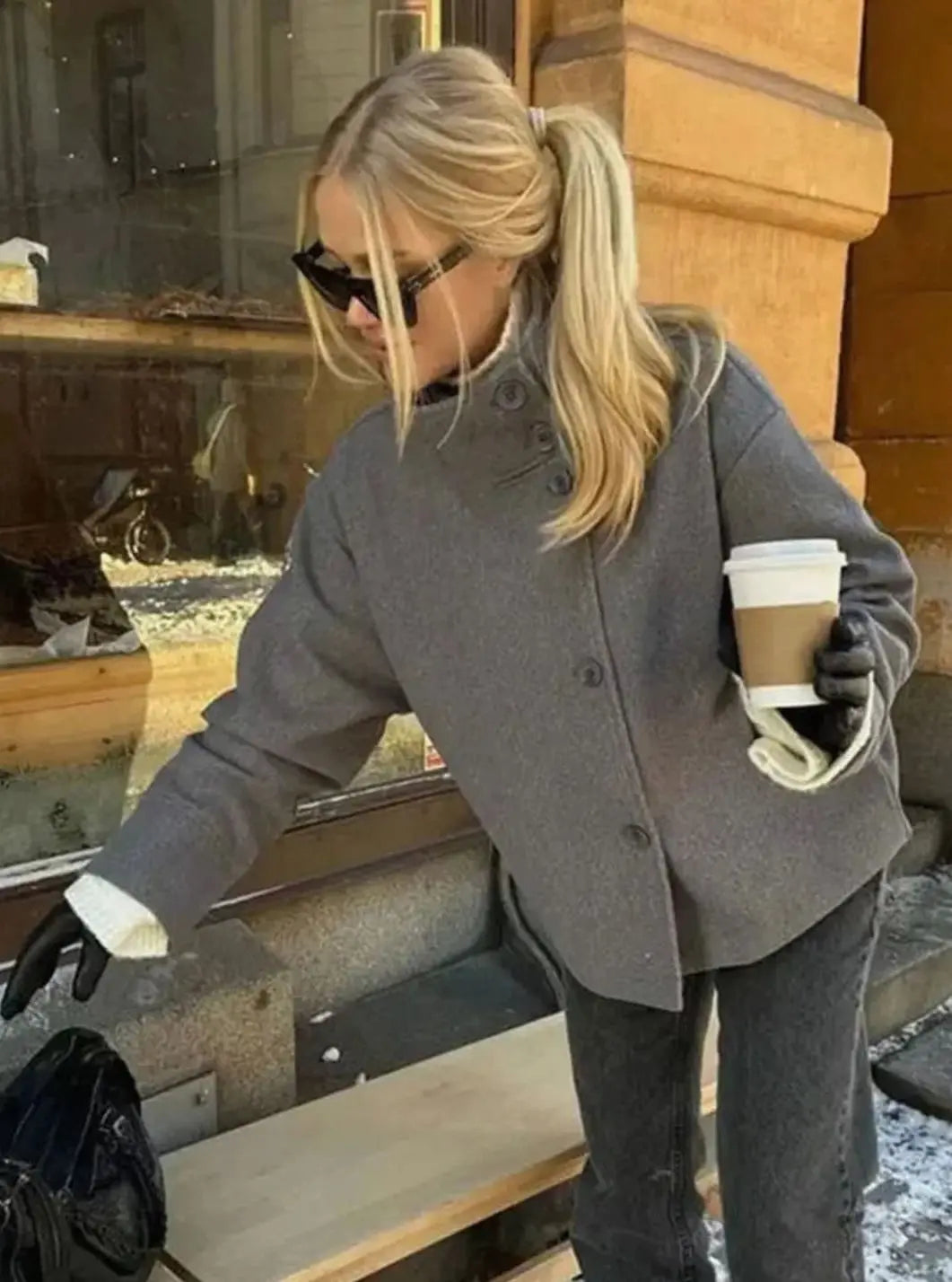 Women's Short Button-Up High-Collar Coat - Grey