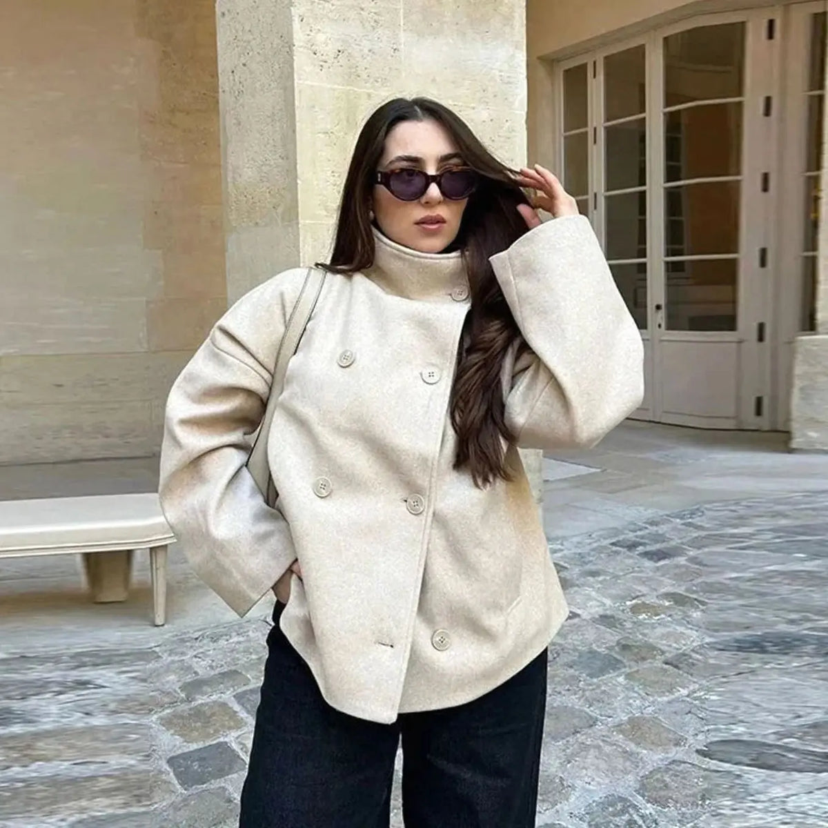 Women's Short Button-Up High-Collar Coat - Apricot