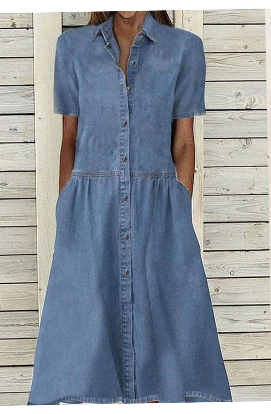 Women's Short-Sleeve Button-Front Denim Midi Dress