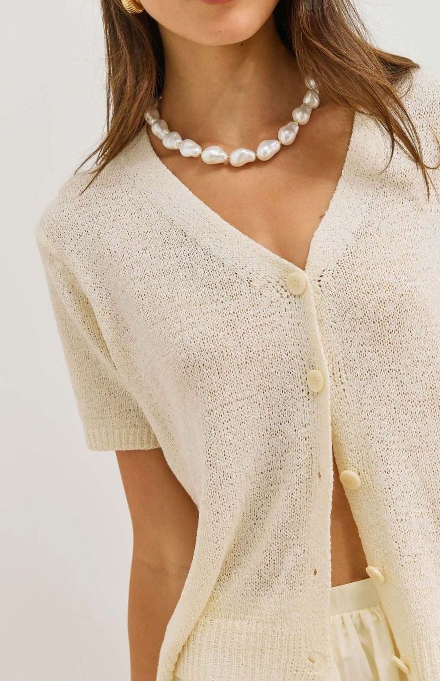 Women's Short-Sleeve Button-Up Knit Cardigan - White