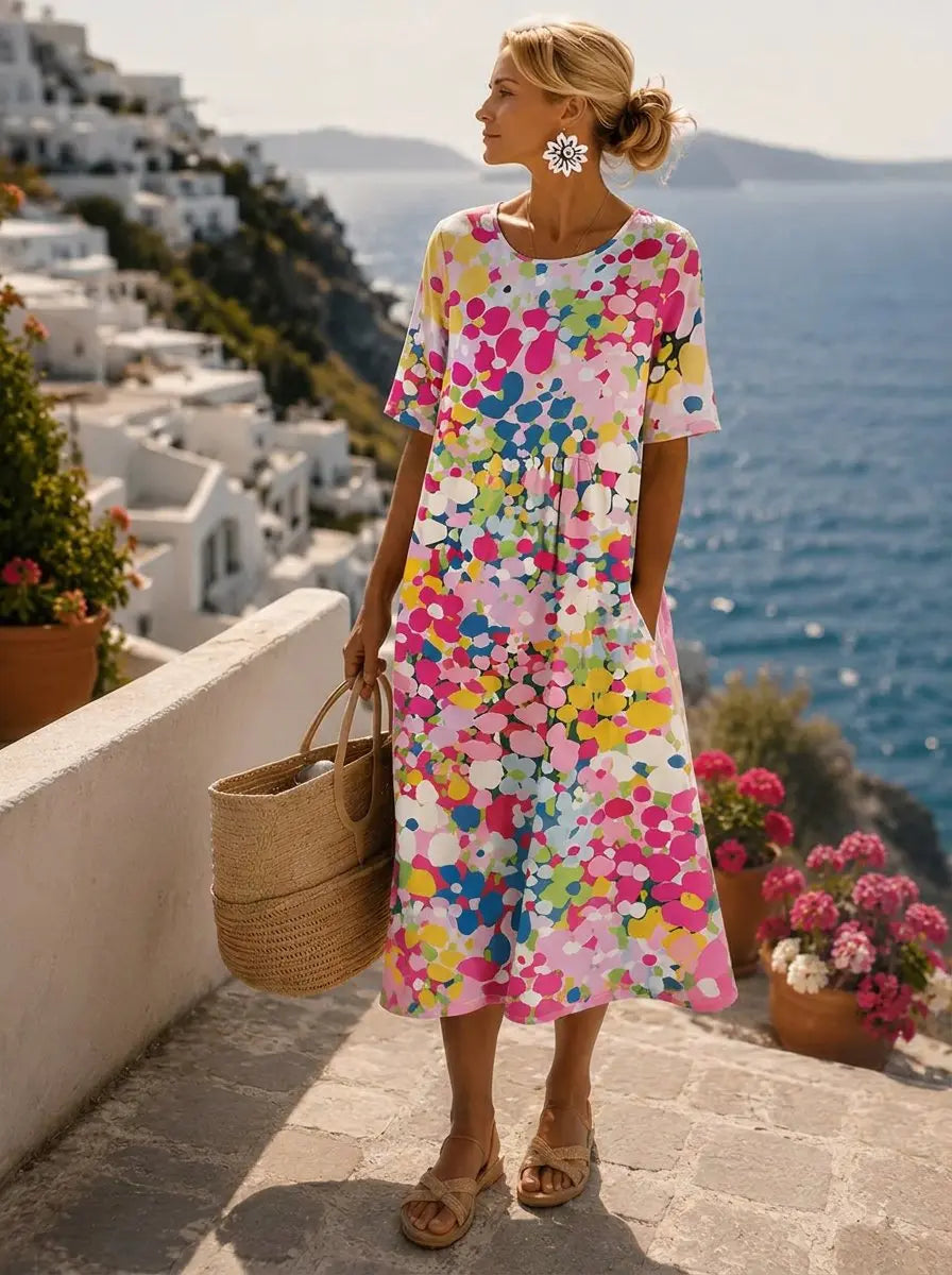 Women's Short Sleeve Floral Print Midi Dress Loose Fit - Pink