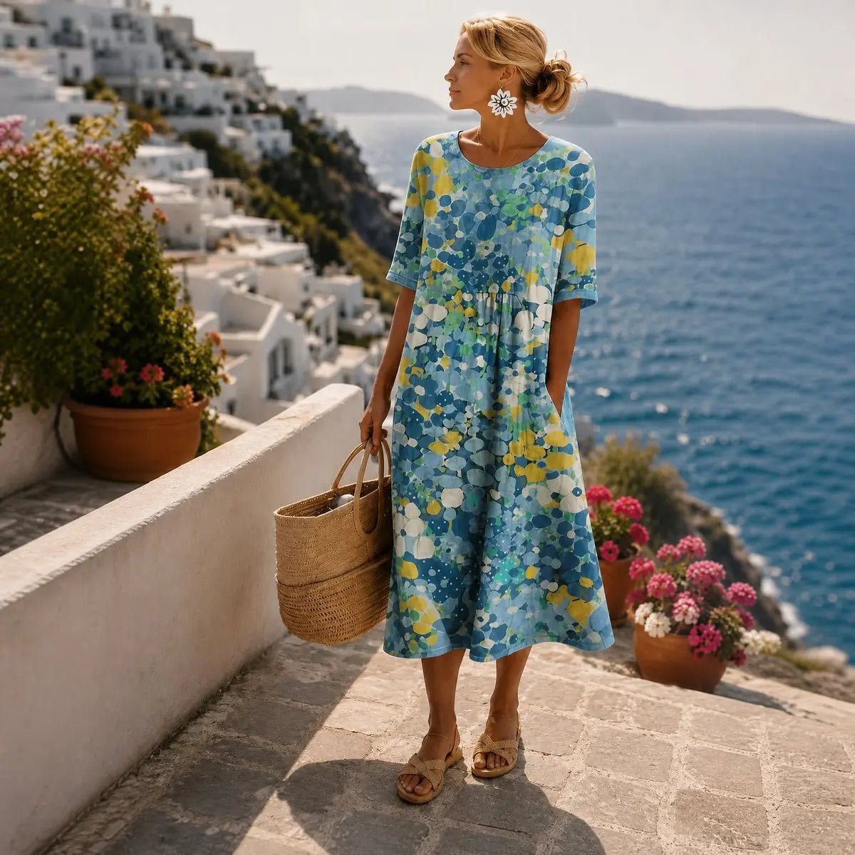 Women's Short Sleeve Floral Print Midi Dress Loose Fit - Blue