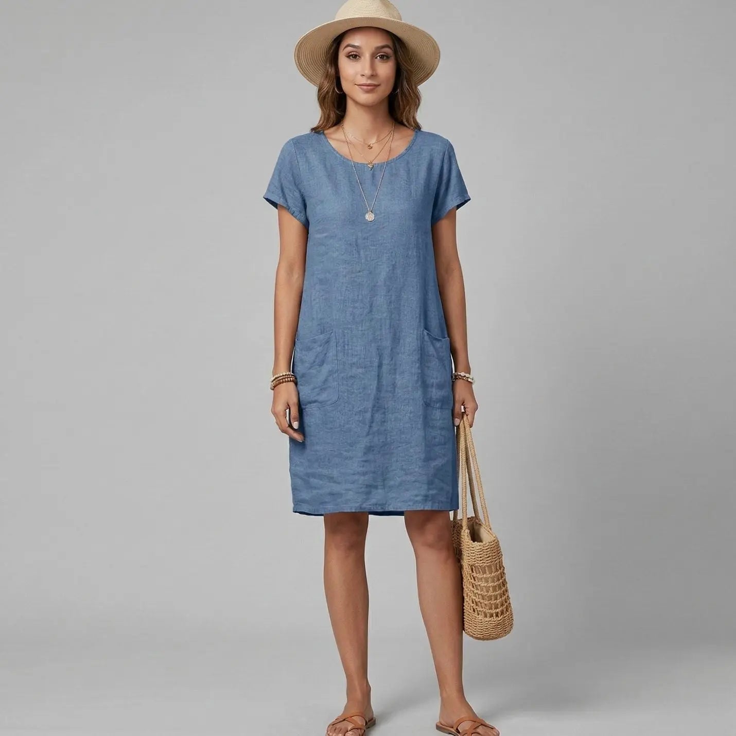 Women's Short Sleeve Mini Dress Relaxed Shift Pocket Sundress - Blue