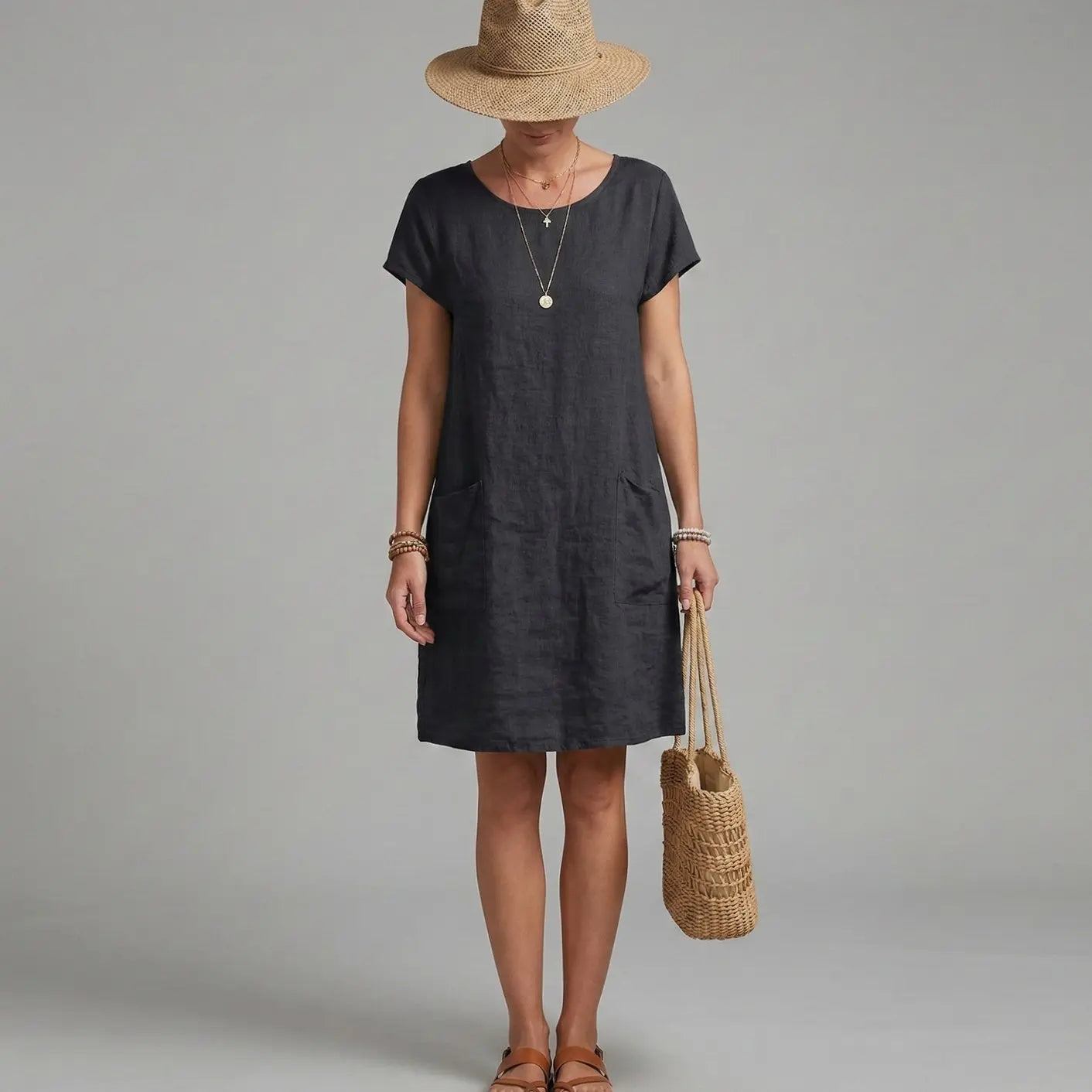 Women's Short Sleeve Mini Dress Relaxed Shift Pocket Sundress - Black