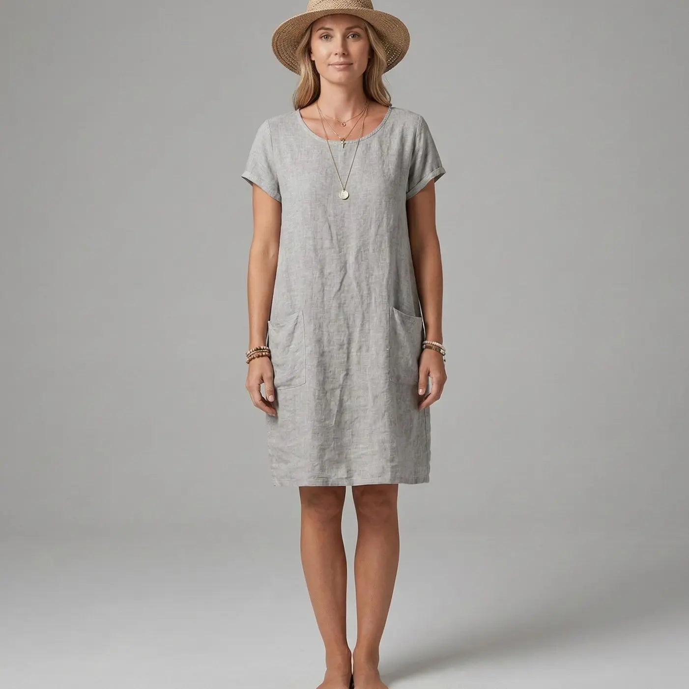 Women's Short Sleeve Mini Dress Relaxed Shift Pocket Sundress - Grey