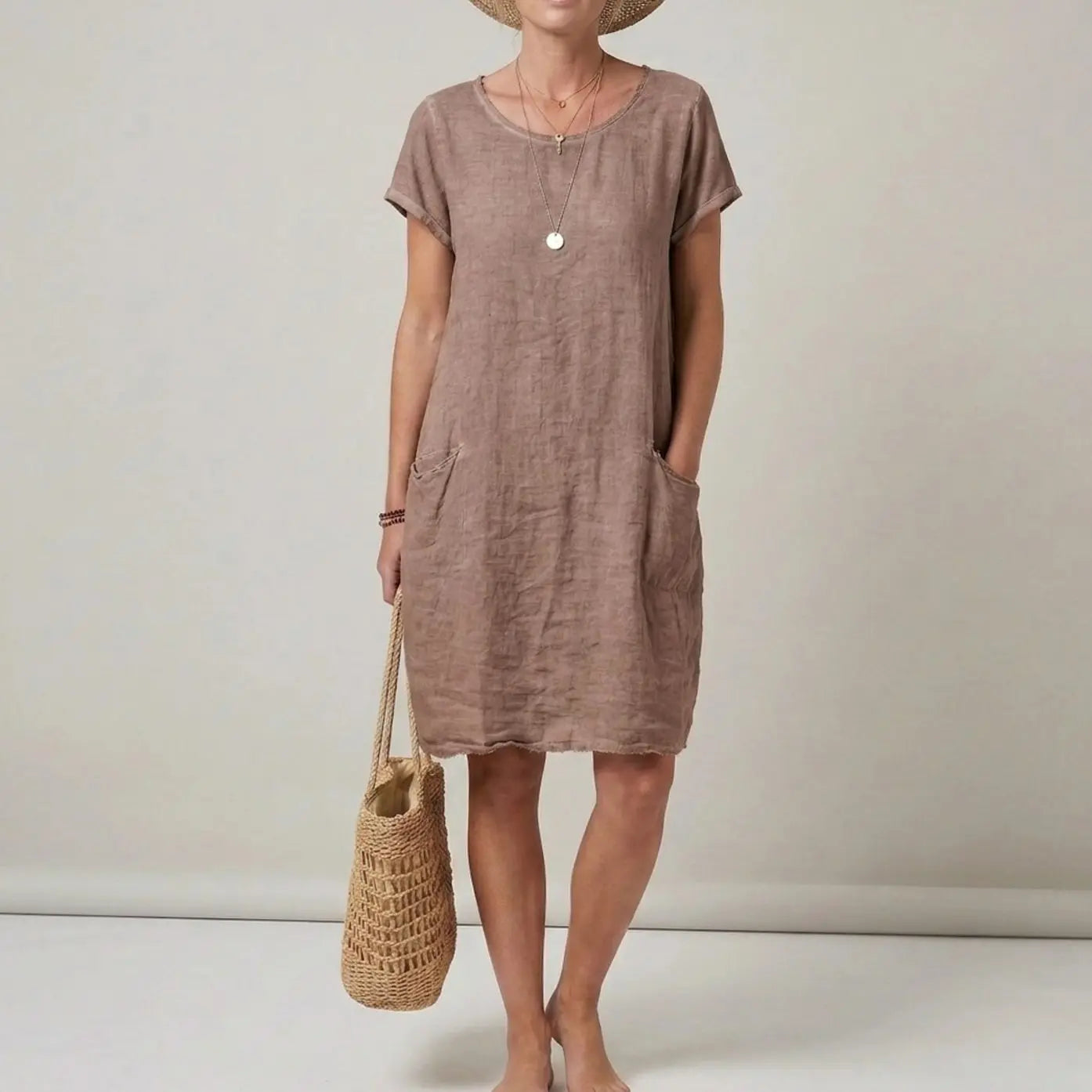 Women's Short Sleeve Mini Dress Relaxed Shift Pocket Sundress - Khaki