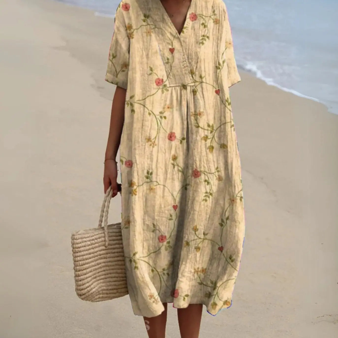 Women's Short-Sleeve V-Neck Floral Midi Dress - Floral 10