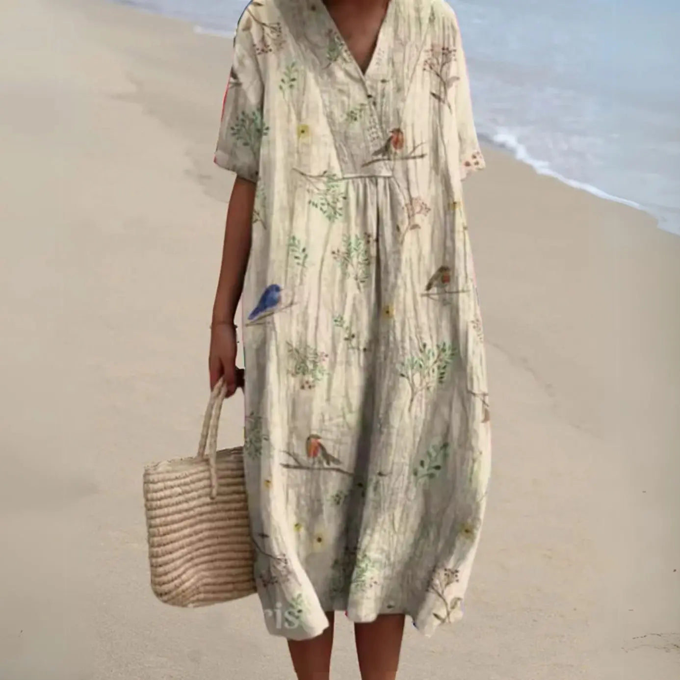 Women's Short-Sleeve V-Neck Floral Midi Dress - Floral 13
