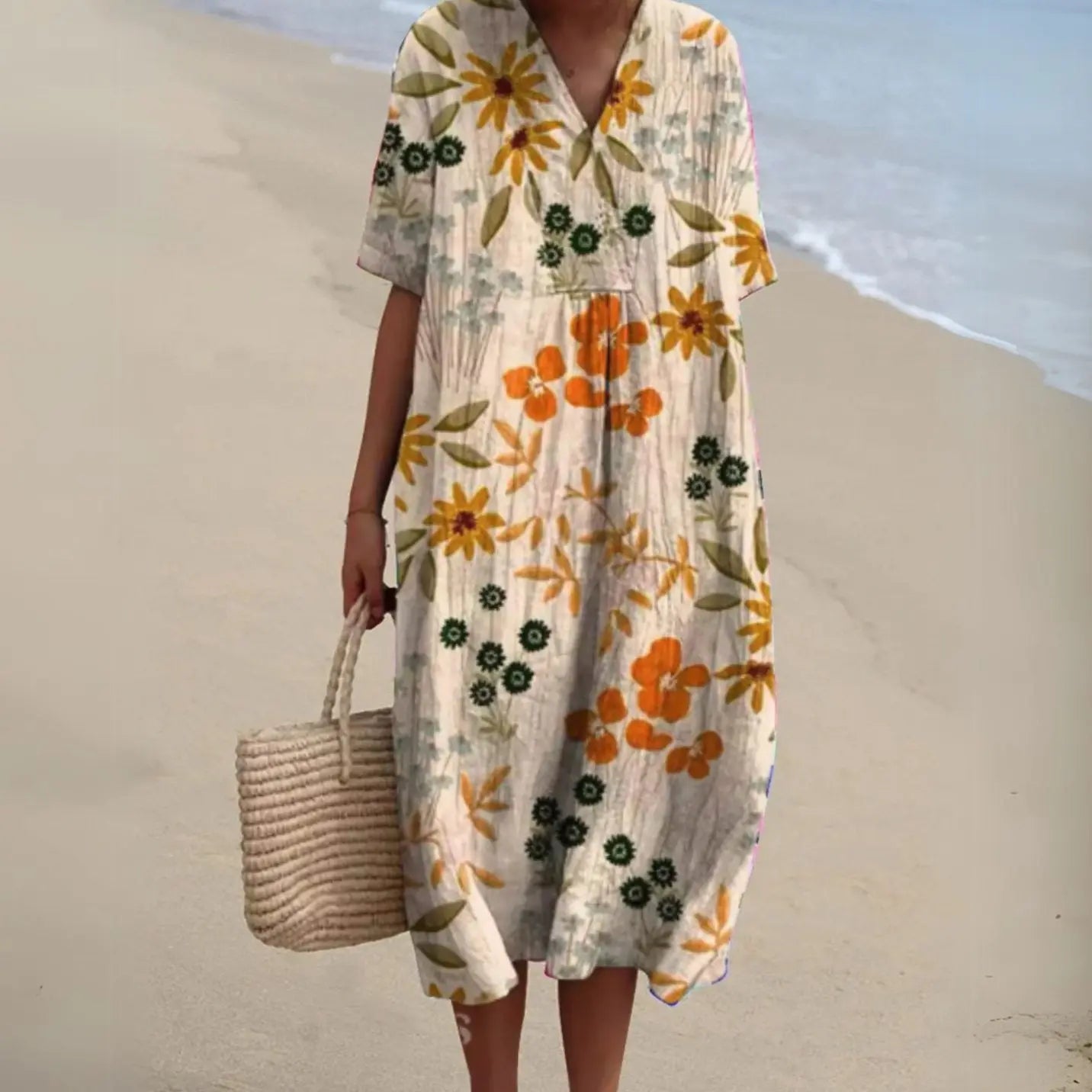 Women's Short-Sleeve V-Neck Floral Midi Dress - Floral 14