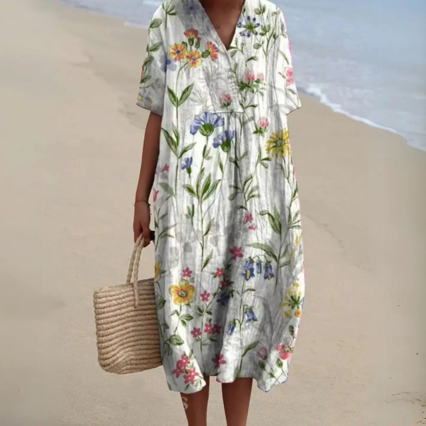 Women's Short-Sleeve V-Neck Floral Midi Dress - Floral 15