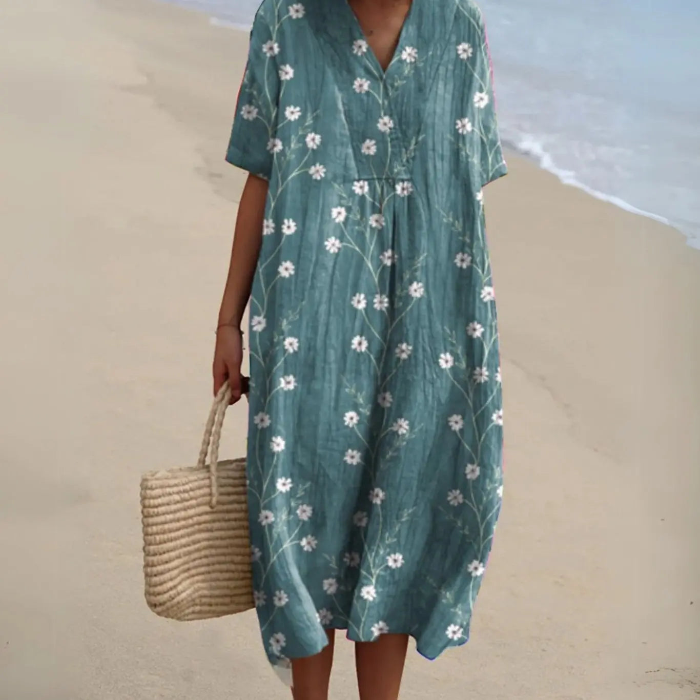 Women's Short-Sleeve V-Neck Floral Midi Dress - Floral 2