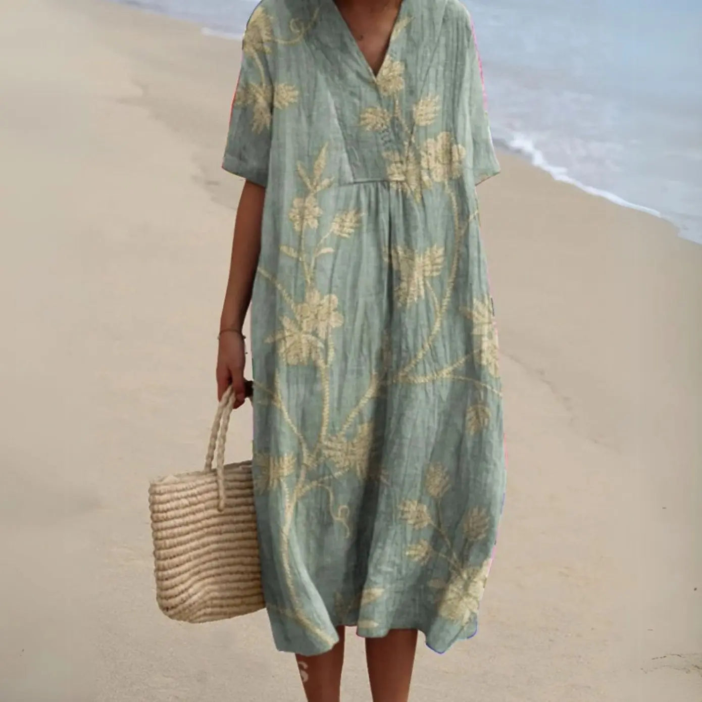 Women's Short-Sleeve V-Neck Floral Midi Dress - Floral 4