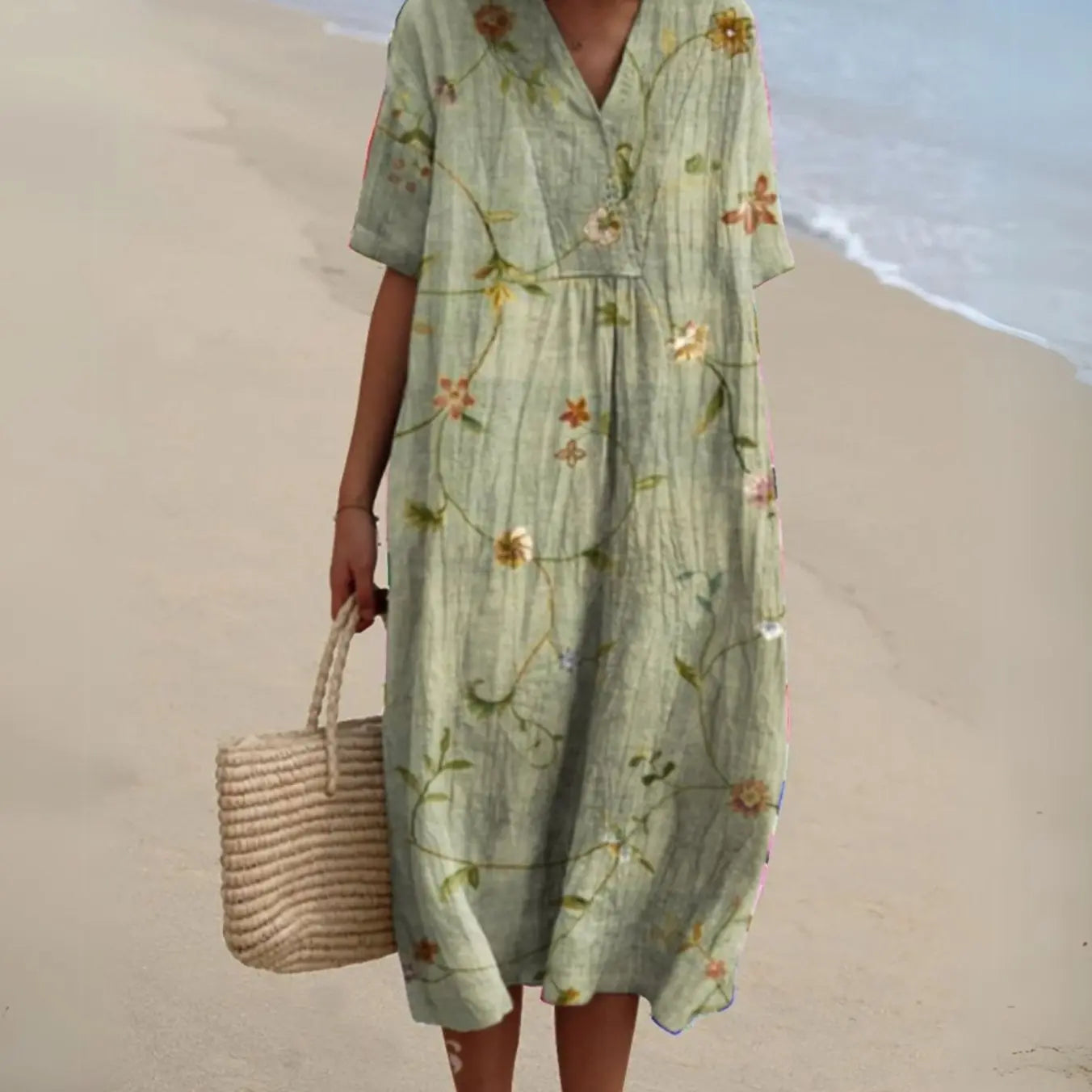 Women's Short-Sleeve V-Neck Floral Midi Dress - Floral 5