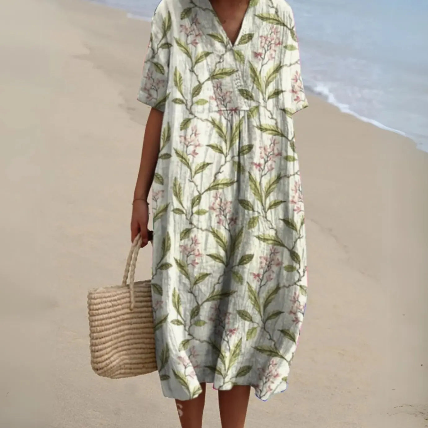 Women's Short-Sleeve V-Neck Floral Midi Dress - Floral 6