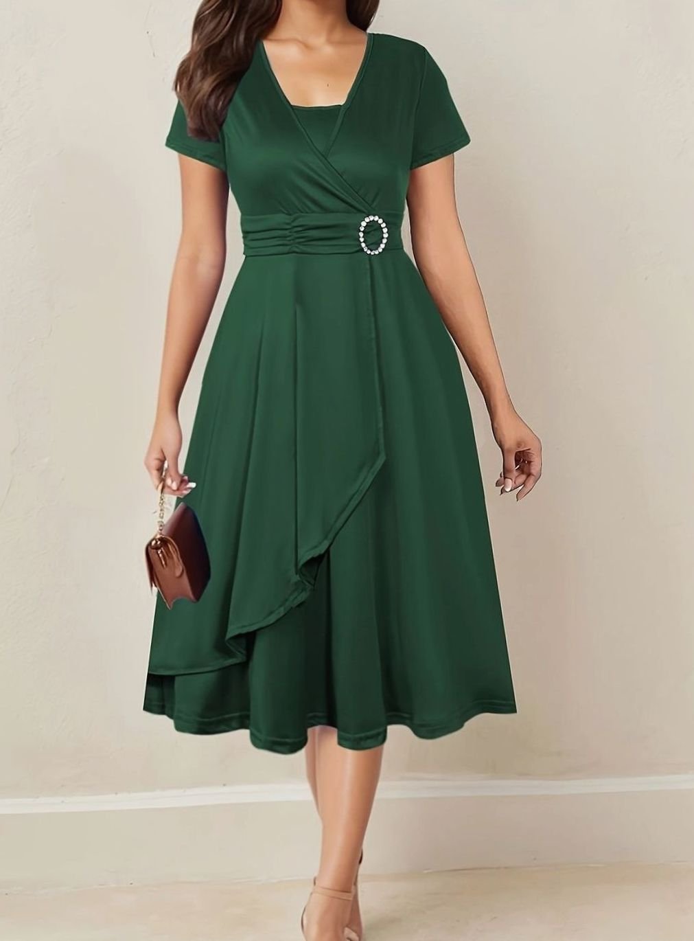 Women's Short-Sleeve Wrap-Front Rhinestone Buckle Party Dress - Dark Green