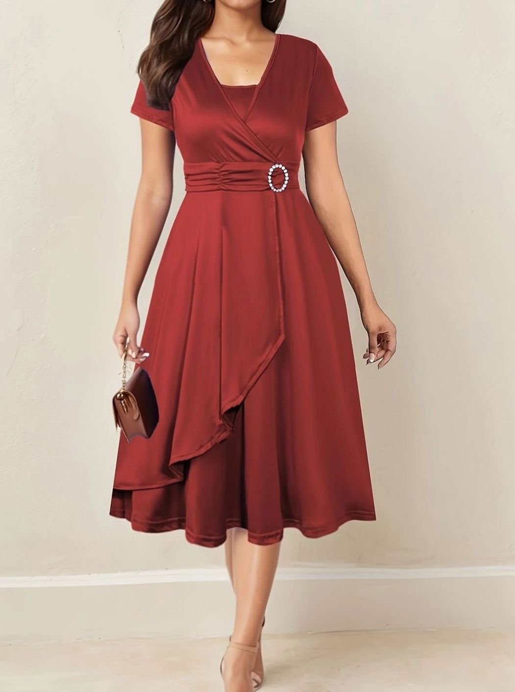 Women's Short-Sleeve Wrap-Front Rhinestone Buckle Party Dress - Red