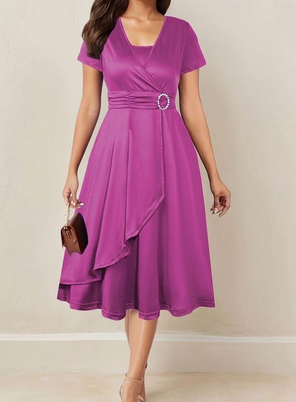 Women's Short-Sleeve Wrap-Front Rhinestone Buckle Party Dress - Rose Red
