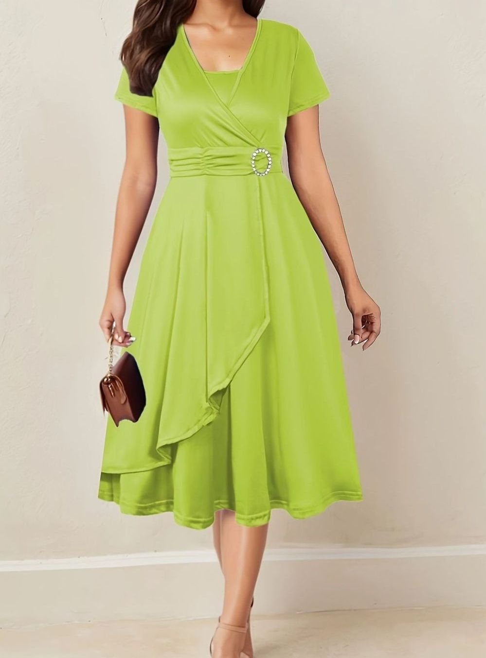 Women's Short-Sleeve Wrap-Front Rhinestone Buckle Party Dress