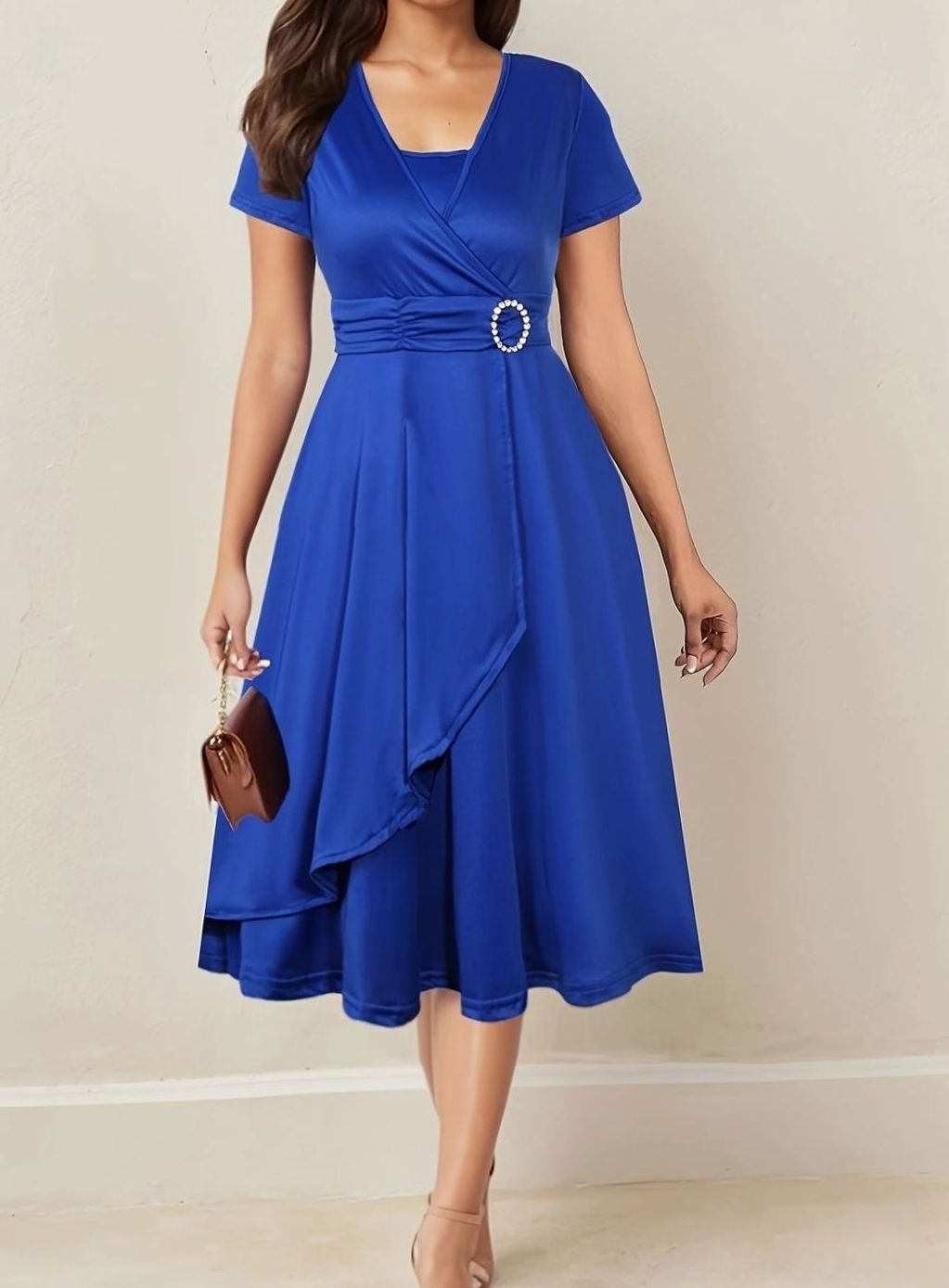 Women's Short-Sleeve Wrap-Front Rhinestone Buckle Party Dress - Blue