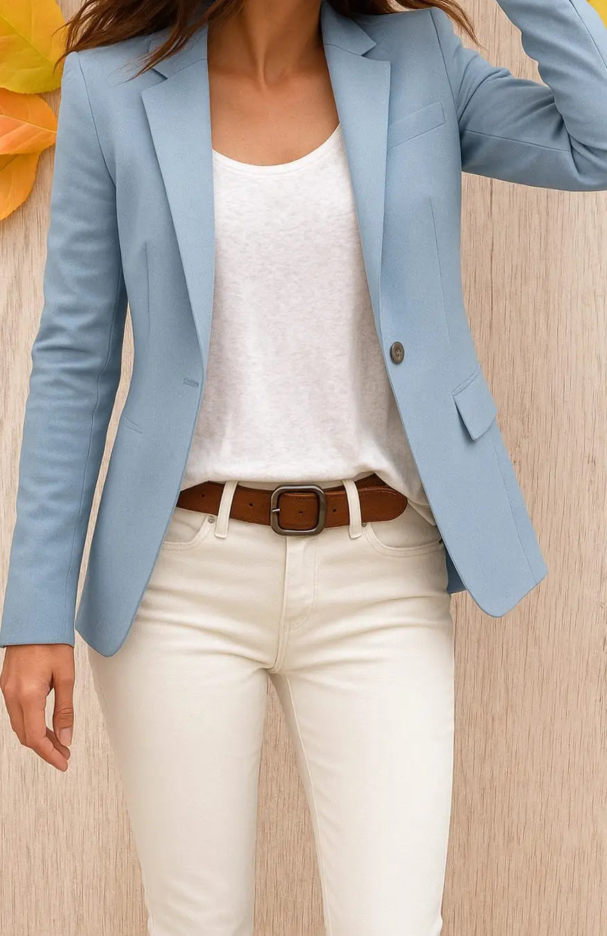 Women's Single Button Fitted Office Blazer Tailored Workwear Jacket - Blue