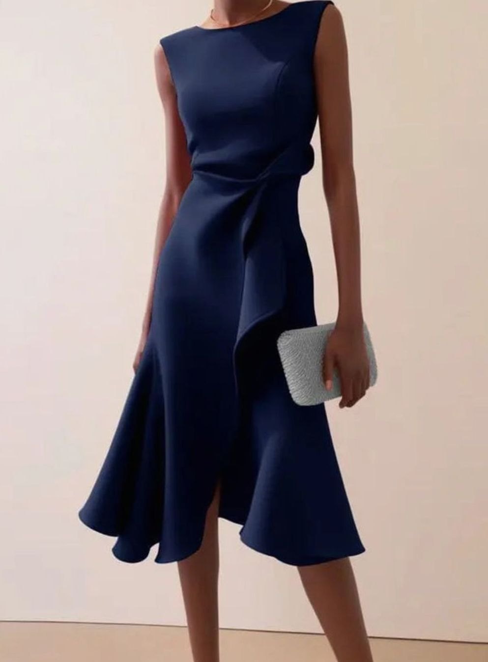 Women's Sleeveless Draped Asymmetric Hem Midi Dress - Navy Blue