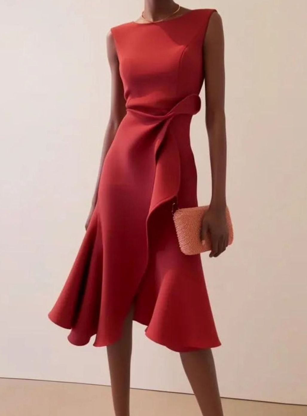 Women's Sleeveless Draped Asymmetric Hem Midi Dress - Red