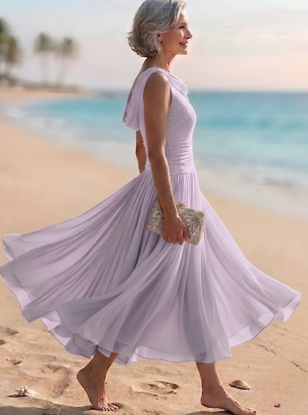 Women's Sleeveless Draped-Neck Pleated A-Line Midi Dress, White