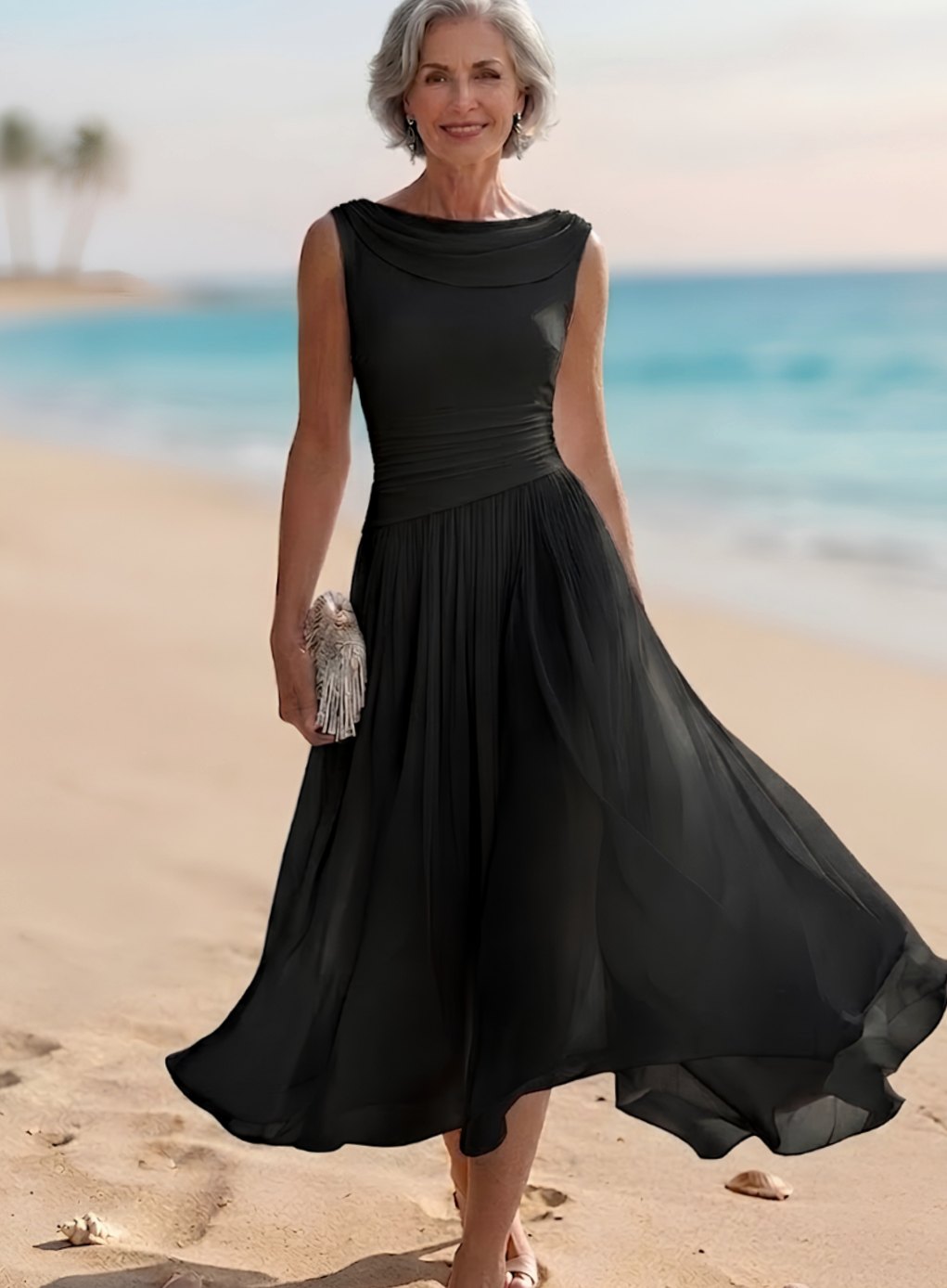 Women's Sleeveless Draped-Neck Pleated A-Line Midi Dress, White - Black