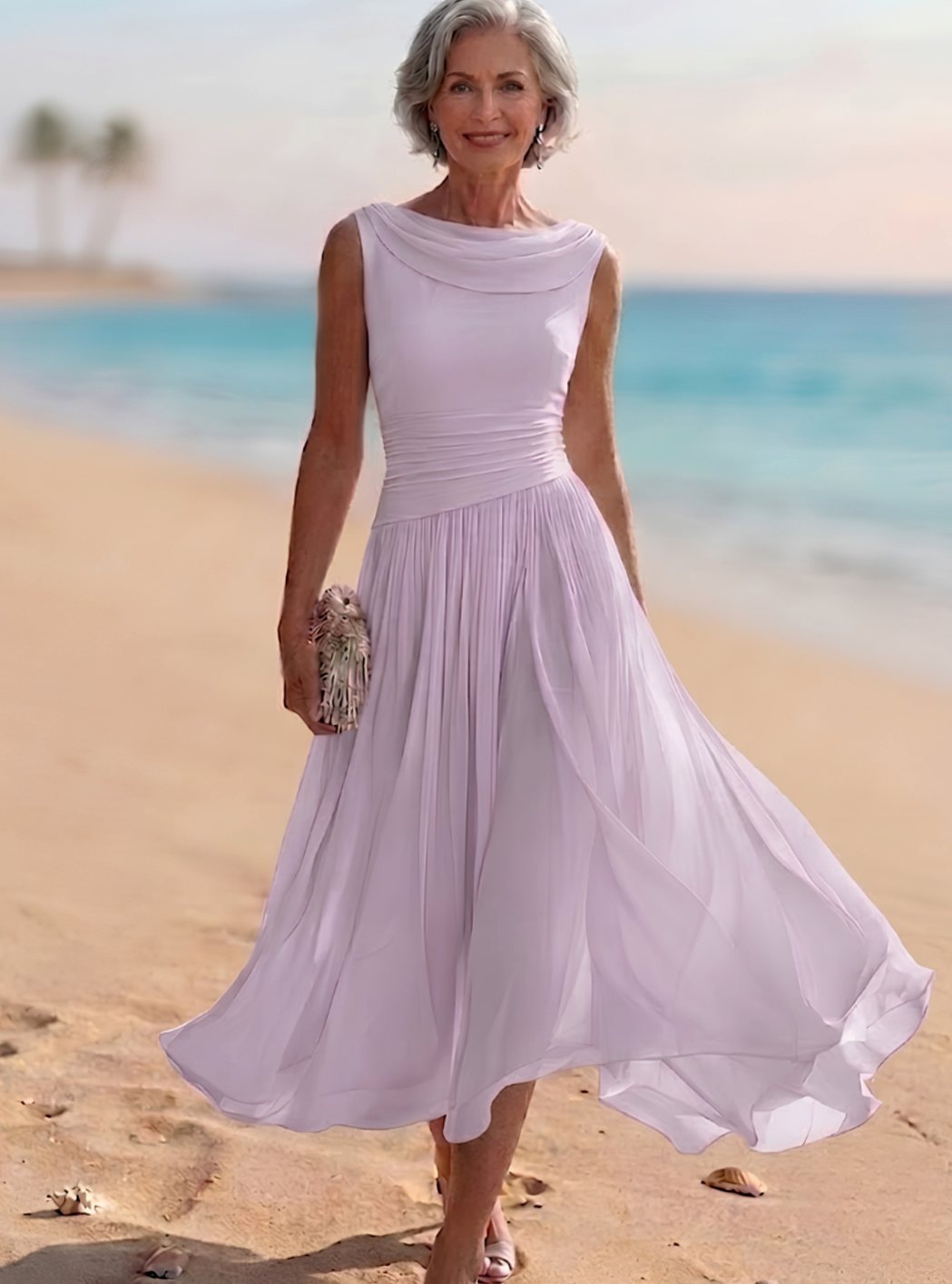 Women's Sleeveless Draped-Neck Pleated A-Line Midi Dress, White - Purple
