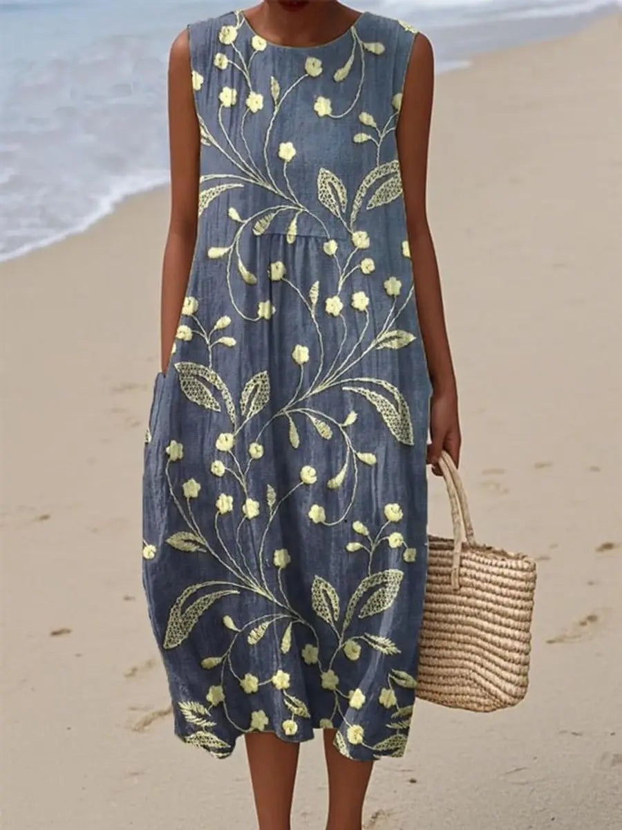Women's Sleeveless Floral Print Relaxed-Fit Midi Dress - Blue