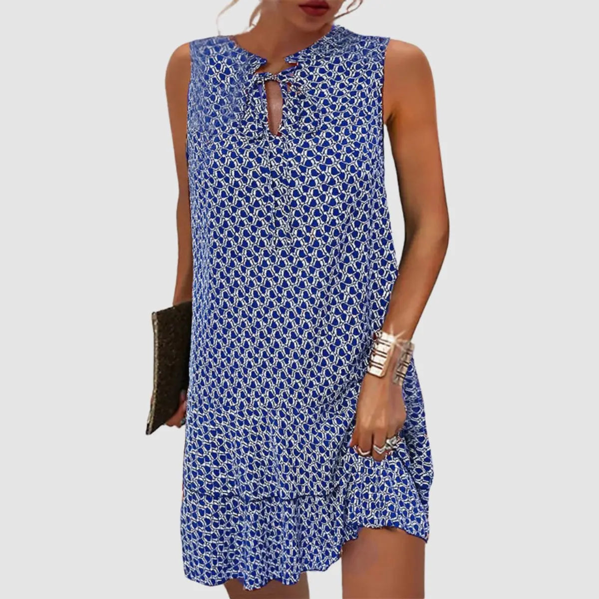 Women's Sleeveless Geometric Print Tie-Neck Mini Dress - Blue