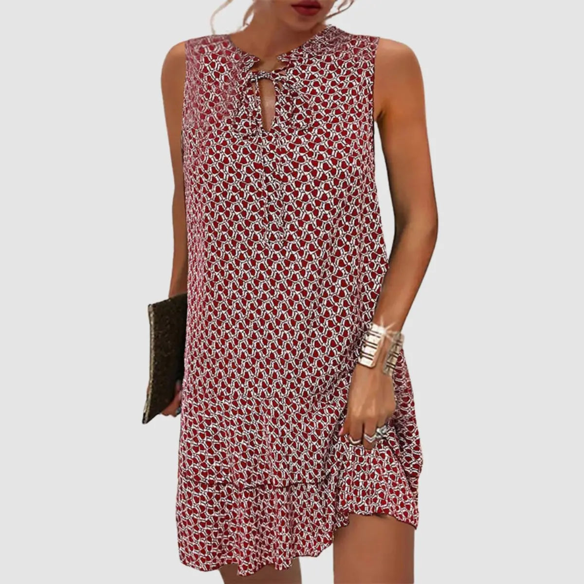 Women's Sleeveless Geometric Print Tie-Neck Mini Dress - Red