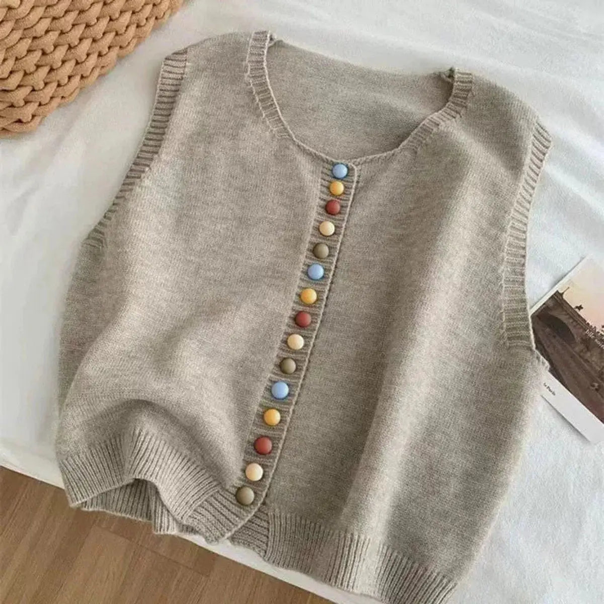 Women's Sleeveless Knit Button-Front Vest Cardigan - Apricot