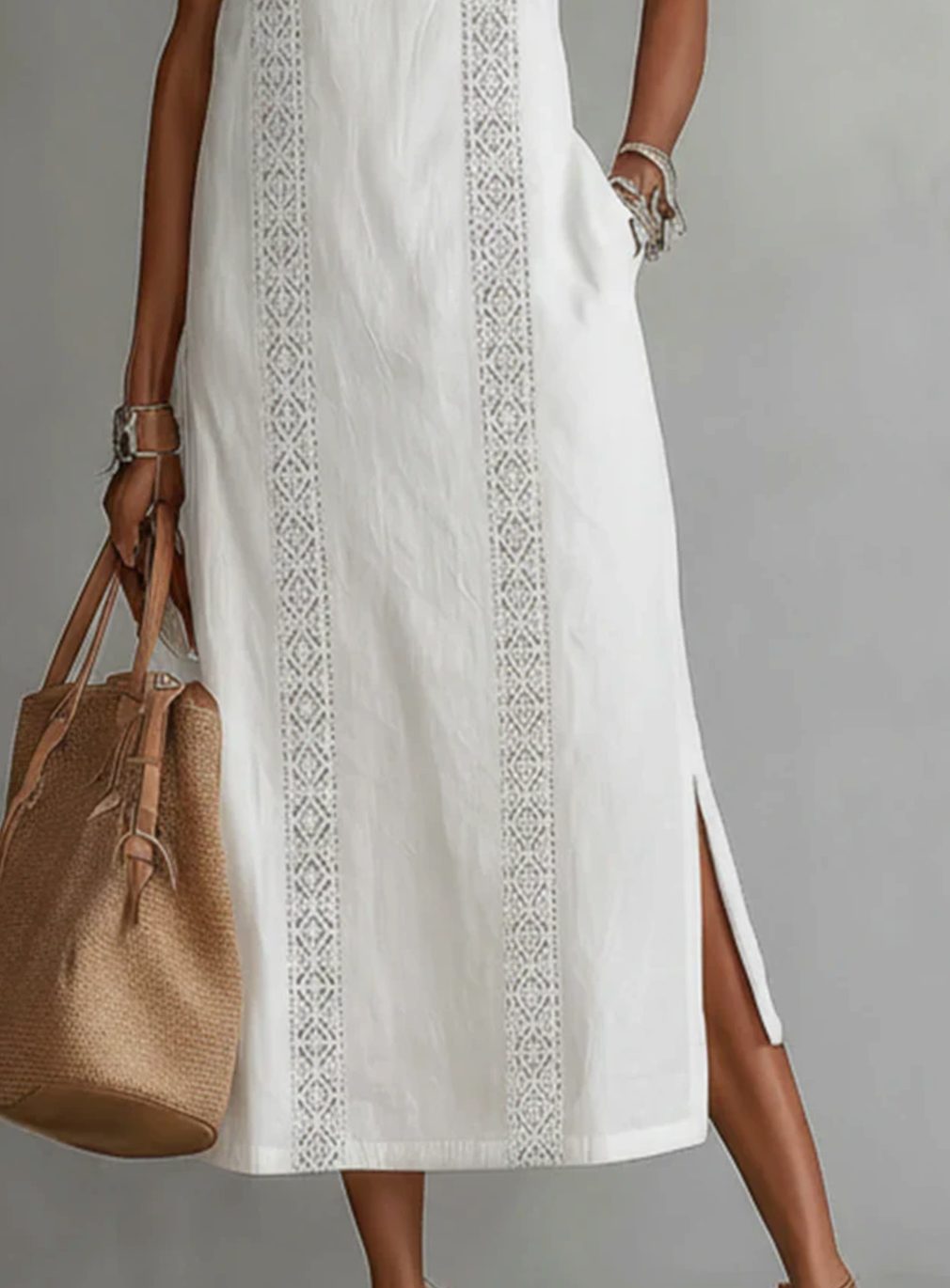 Women's Sleeveless Lace-Insert Side-Slit White Midi Sundress