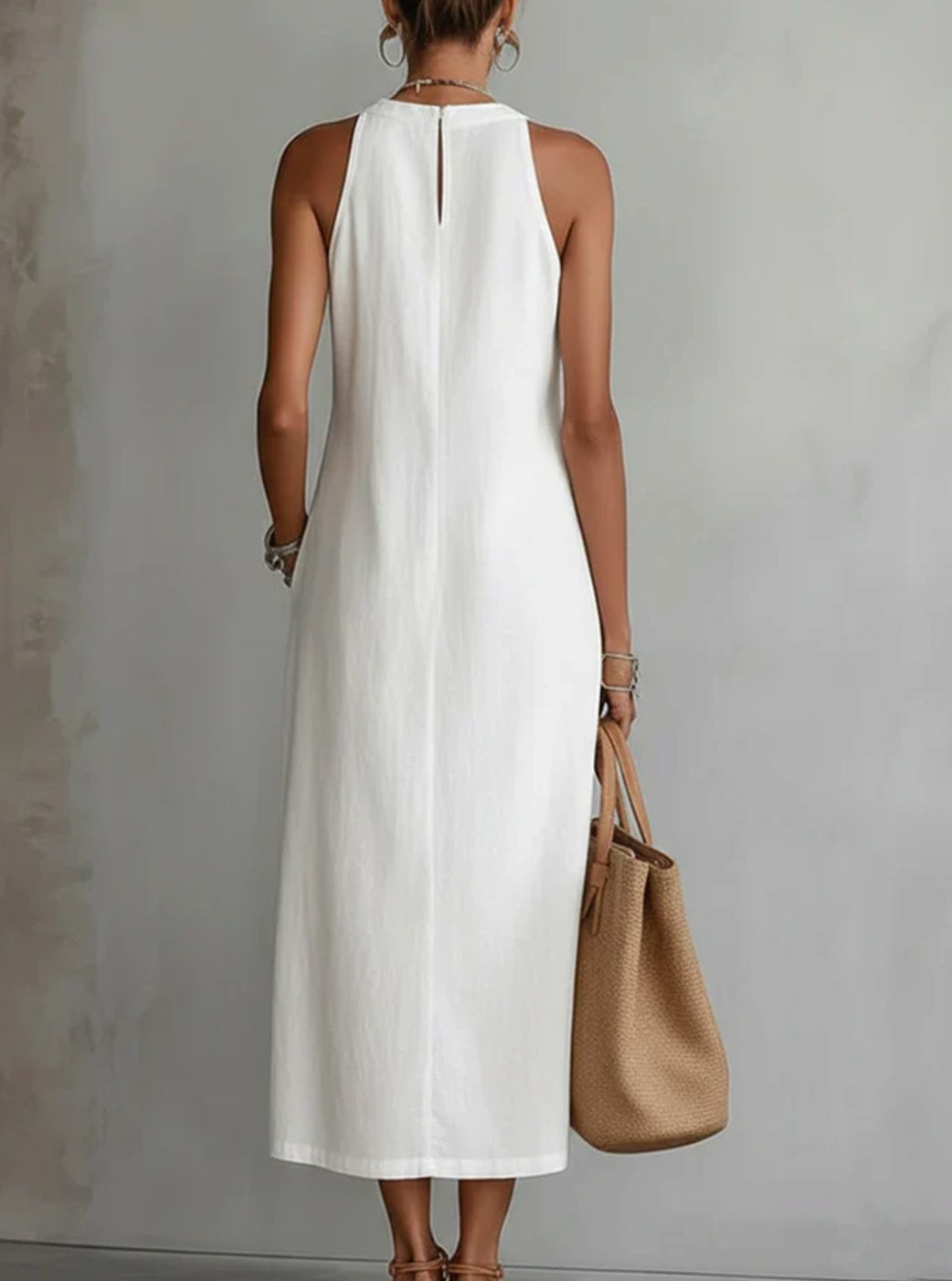 Women's Sleeveless Lace-Insert Side-Slit White Midi Sundress