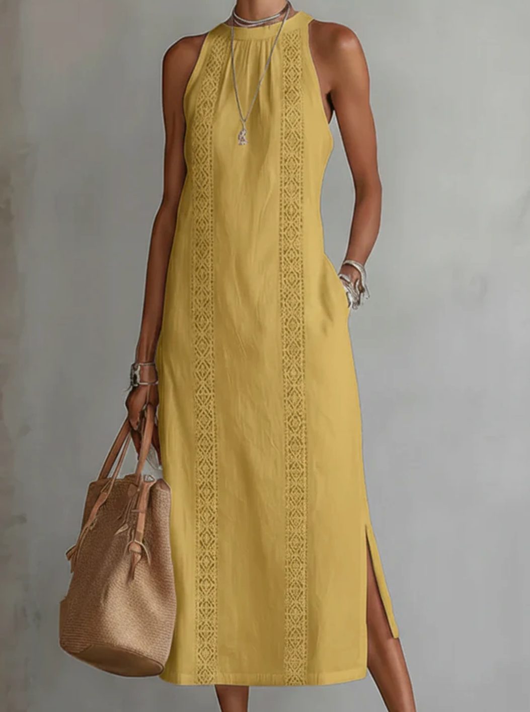 Women's Sleeveless Lace-Insert Side-Slit White Midi Sundress - Yellow