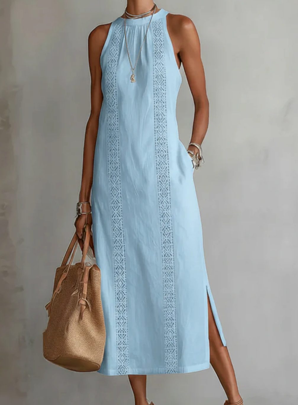 Women's Sleeveless Lace-Insert Side-Slit White Midi Sundress - Blue