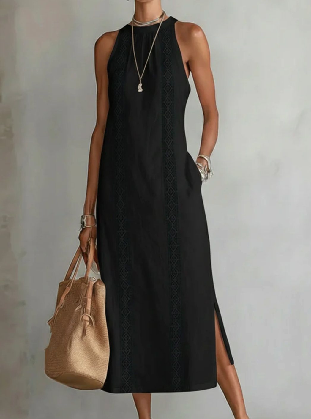 Women's Sleeveless Lace-Insert Side-Slit White Midi Sundress - Black