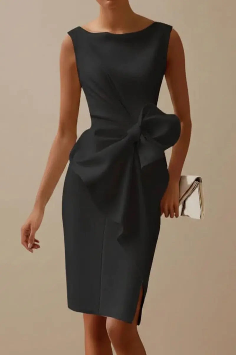 Women's Sleeveless Midi Cocktail Dress Bow-Detail Front Slit - Black
