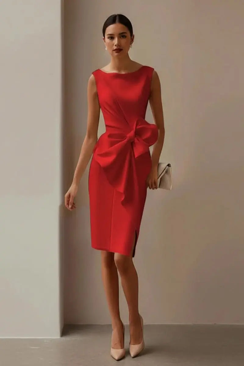 Women's Sleeveless Midi Cocktail Dress Bow-Detail Front Slit