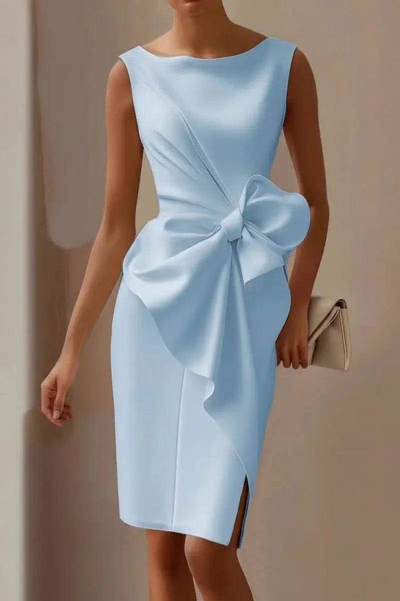Women's Sleeveless Midi Cocktail Dress Bow-Detail Front Slit - Blue