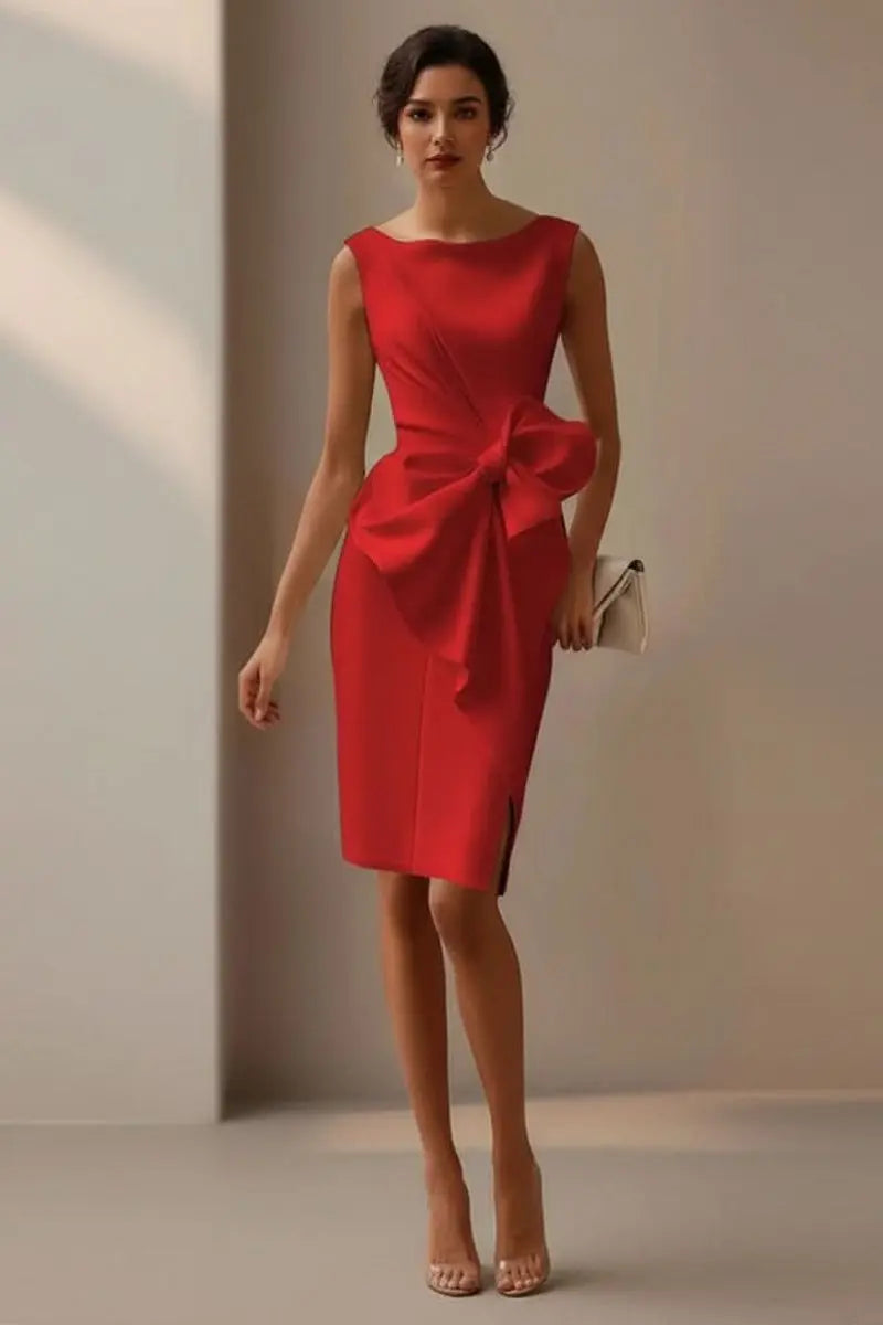 Women's Sleeveless Midi Cocktail Dress Bow-Detail Front Slit - Red