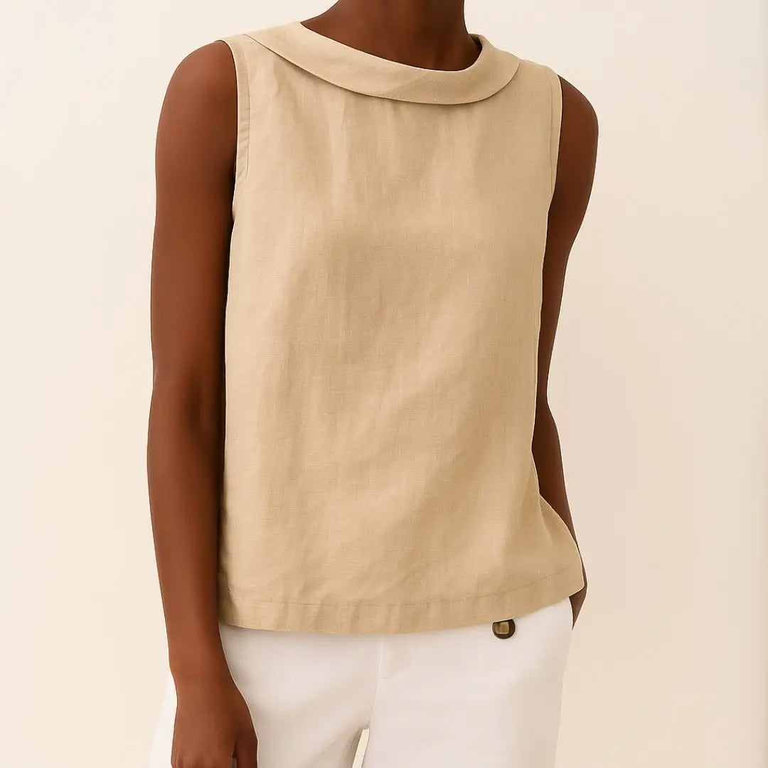 Women's Sleeveless Roll Collar Top Relaxed Fit Summer - Beige